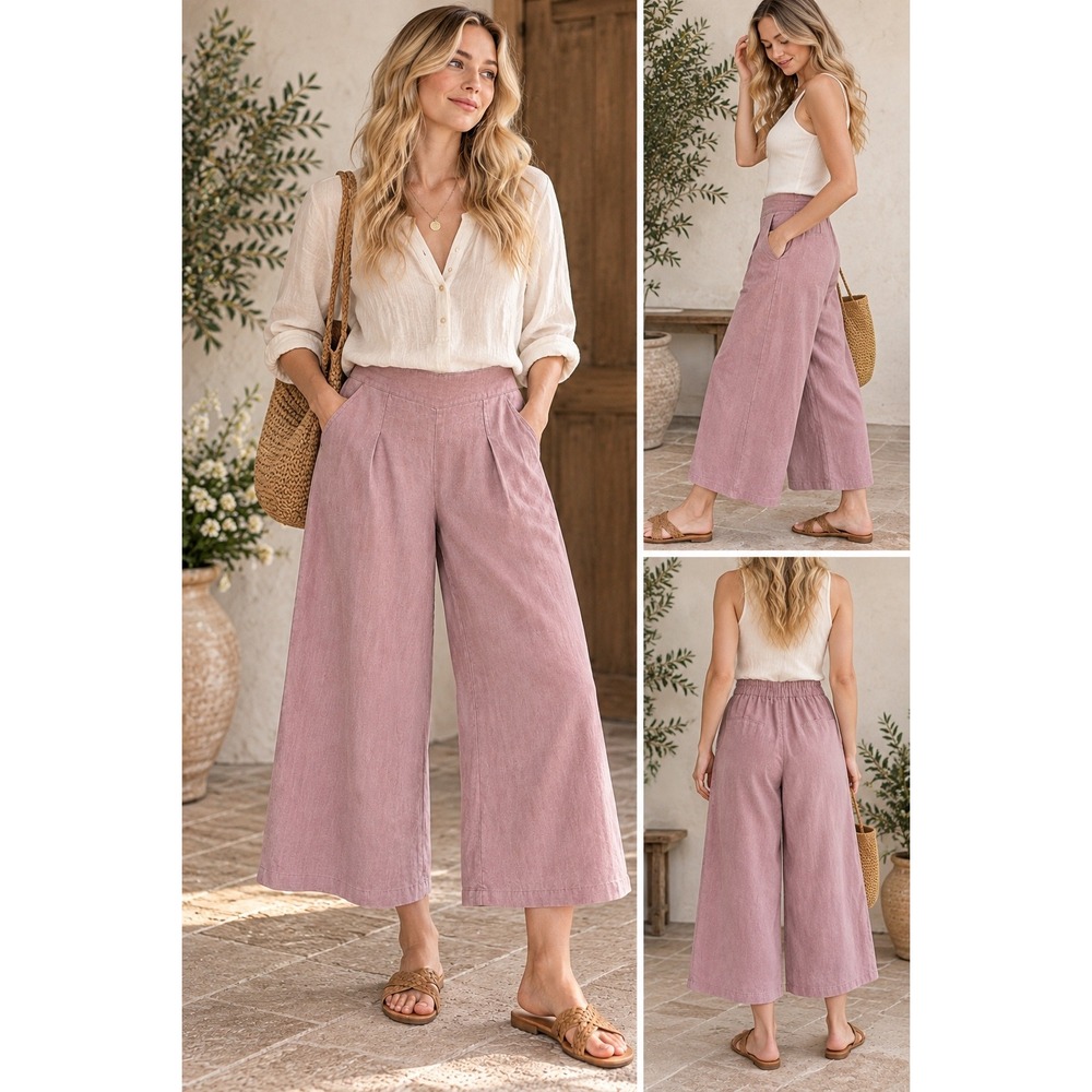 Sigrid Olsen 100% Linen Wide Leg Cropped Pants Pink XL Lagenlook Beach